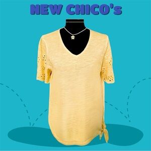 Chico’s Yellow Top, DeepV-Neck, Eyelet Flutter Sleeve, Side Tie, Medium, 8, NWT
